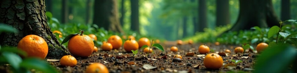 Oranges scattered on the forest floor amidst tree trunks, tree, forest