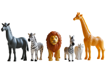 Colorful safari animal toys arranged in a playful display for children’s activities isolated on transparent background