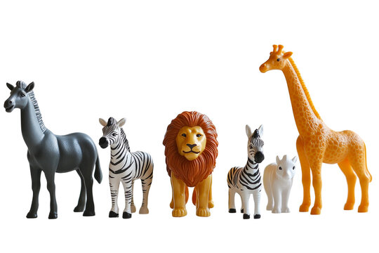Colorful safari animal toys arranged in a playful display for children’s activities isolated on transparent background