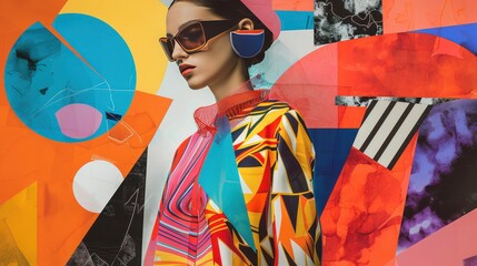 An abstract fashion collage that blends photography of models with geometric shapes and vibrant colors.