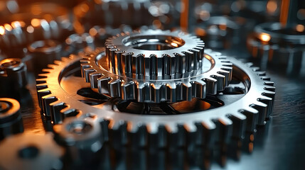 Close-up of intricately designed metallic gears interlocked, showcasing precision engineering and complex mechanism.
