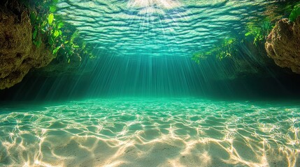 Underwater sunbeams illuminate cave, sandy bottom, aquatic plants