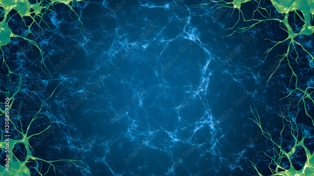 Poster a vibrant digital illustration depicting interconnected neural structures against a blue background,