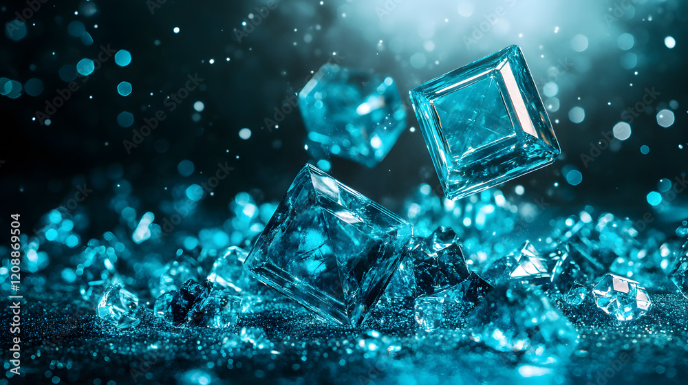 Poster crystal-clear ice cubes float amidst shimmering water droplets, creating a striking visual of coolne