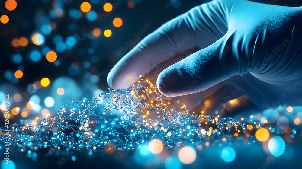 Aufkleber a gloved hand gently touches a luminous surface, surrounded by sparkling lights, creating a mystical