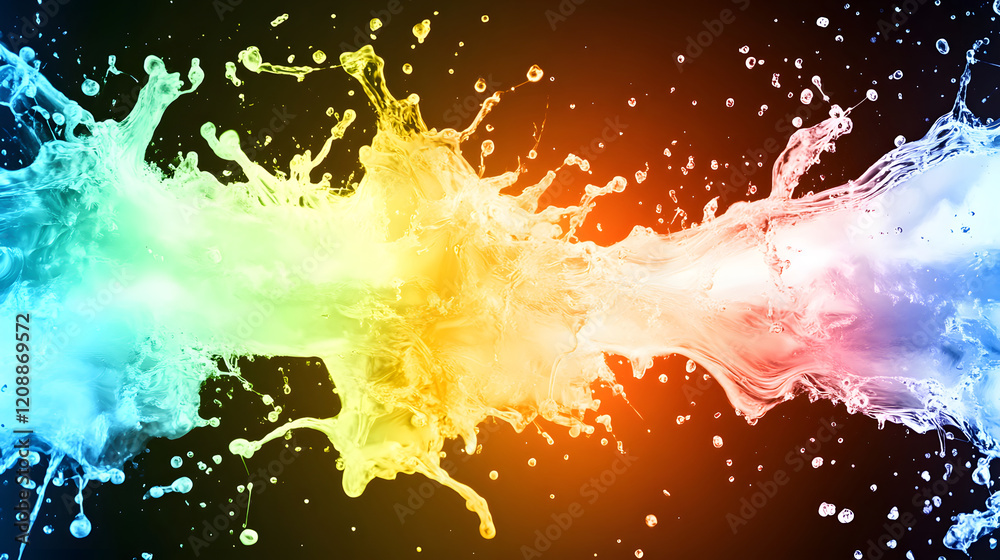 Poster a vibrant splash of colorful liquid creates a dynamic visual effect against a dark background, empha