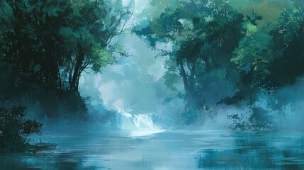 Misty forest river scene with waterfall.