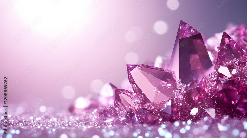 Poster a close-up of sparkling pink crystals glistening in soft light, creating a dreamy and magical atmosp