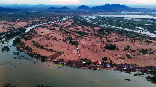 Aerial Laos at sunset of Don det and 4000 island Mekong river