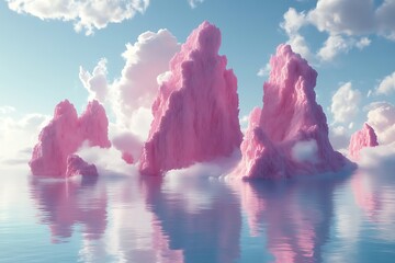 Pink cotton candy cloudscape reflected in calm water.