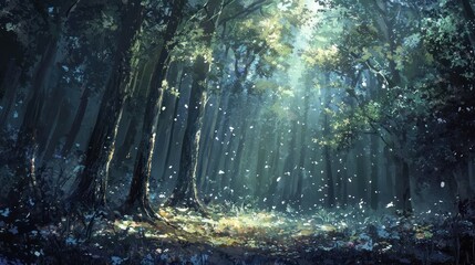 Obraz premium Sunbeams illuminate a mystical forest clearing.