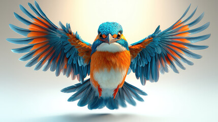 Obraz premium Vibrant blue and orange bird with wings spread wide, in flight against a light background.