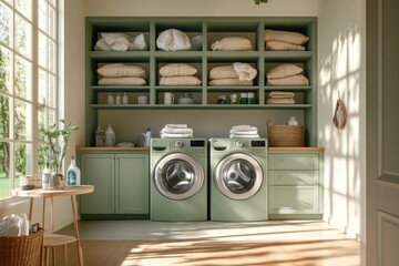Serene Laundry Room Design: Modern Appliances in a Tranquil Green Setting