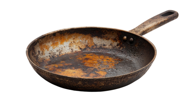 A worn, rusty frying pan with a stained surface, showcasing signs of heavy use and neglect.