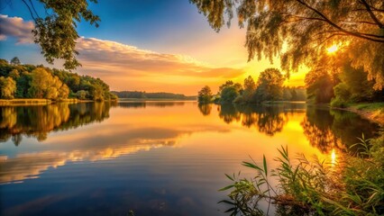 Serene lake scene at dusk with golden light reflection, peaceful, foliage,  peaceful, foliage, autumn leaves, water, harmony