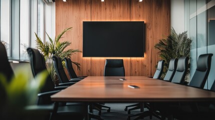 Modern Conference Room Interior Design:  Sleek Wooden Walls, Luxurious Chairs, and a Large Screen