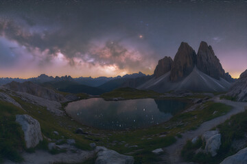 Landscape of arched milky way over the beautiful mountains at night.