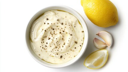 A bowl of creamy aioli sauce with garlic, lemon juice, and olive oil