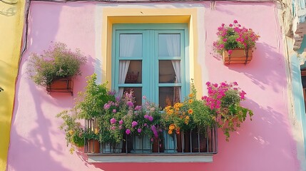 Pastel Building Window Adorned With Abundant Flowers