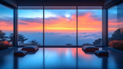 Sunrise view from a modern minimalist meditation room.