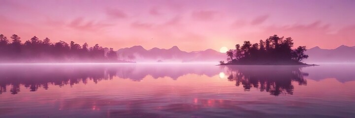 Obraz premium Pink mist rising from lake surface under dawn sun, lake, romantic