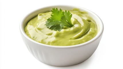 A bowl of creamy avocado dressing with ripe avocado, lime juice, cilantro