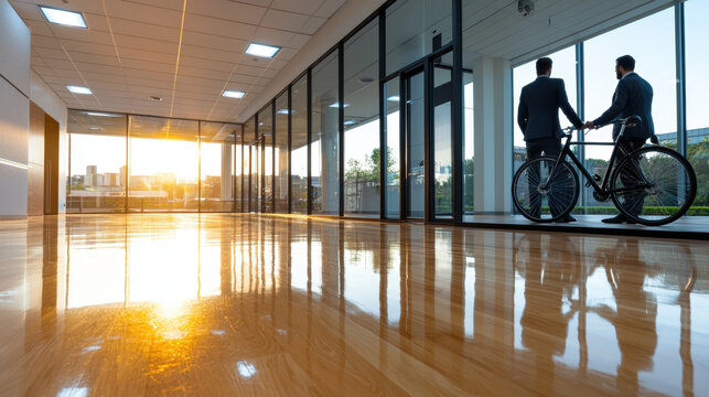 Modern office space with two businessmen and bicycle, reflecting sunlight - Powered by Adobe