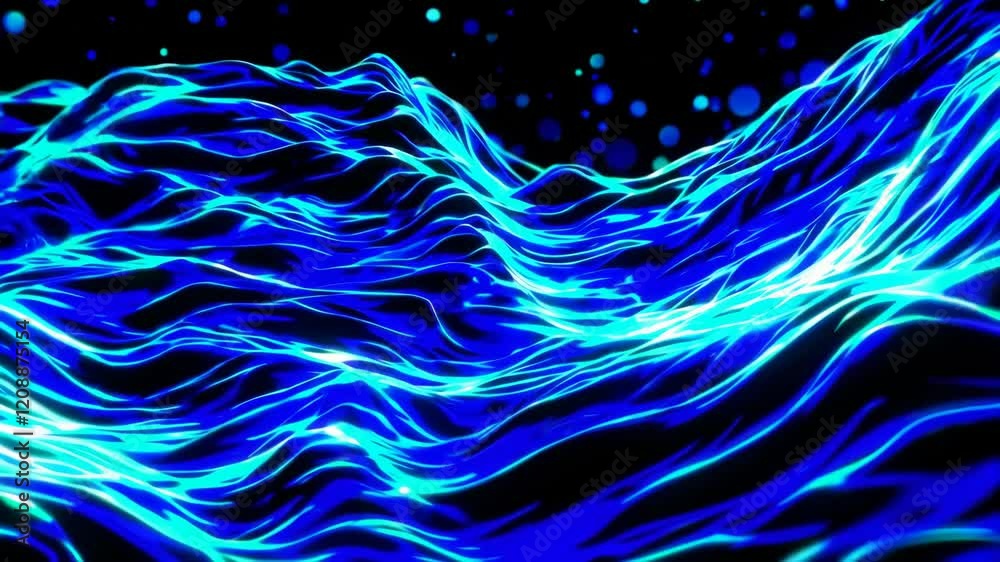 Poster abstract neon blue waveforms and particles on black background, futuristic and vibrant digital art c