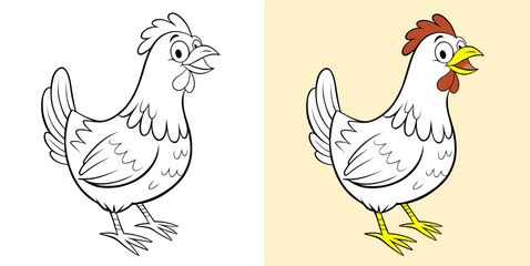 Illustration of a Chicken in Black and White and Colored Styles