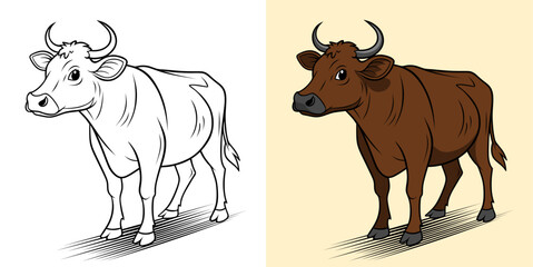 Illustrated artwork showcasing a brown cow in both colored styling and outlined form, designed for educational or artistic purposes.