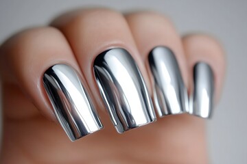 Nail polish design, art and trends: Mirror chrome nails with asymmetric abstract patterns, avant-garde nail art design trends, perfect for bold and futuristic fashion.