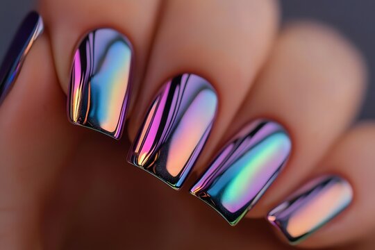 Nail polish design, art and trends: Mirror chrome nails with asymmetric abstract patterns, avant-garde nail art design trends, perfect for bold and futuristic fashion. - Powered by Adobe