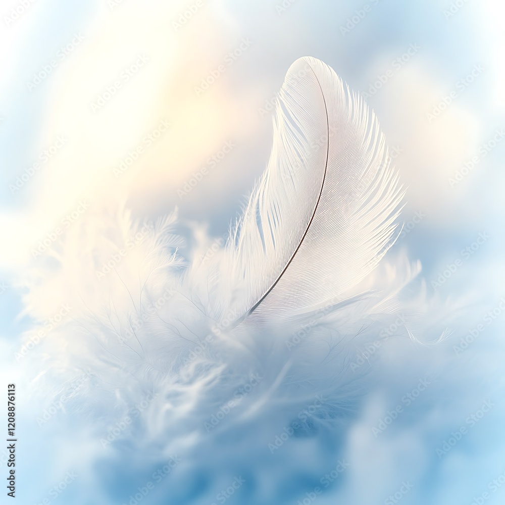 Wall mural Single white feather rests on soft, fluffy feathers against a bright, dreamy sky.