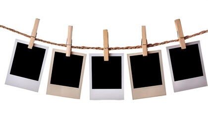 Blank photo frames hanging on a rope with clothespins, white transparent background PNG
