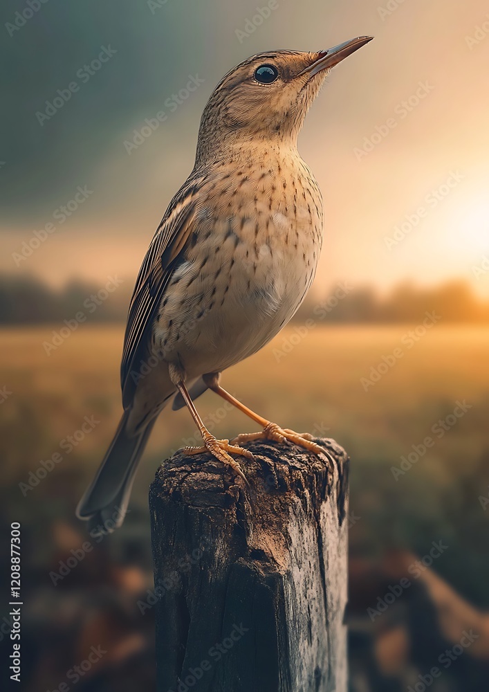 Poster Small bird perched on weathered wood post at sunrise.