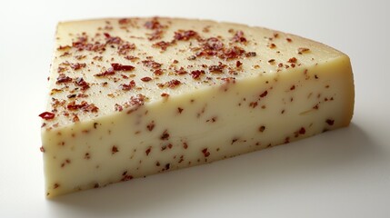 A wedge of cheese with red pepper flakes on a light background.