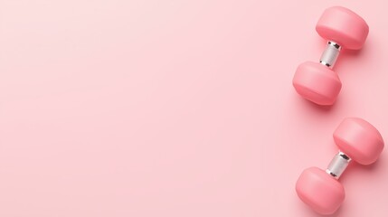 Pink dumbbells on a pink background with copy space. Concept for Gym banner, Girl sport