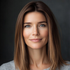 photo of a woman in her 30s with straight brown hair and grey eyes and a friendly smile