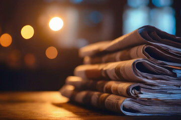 Pile of newspapers with soft background, close-up