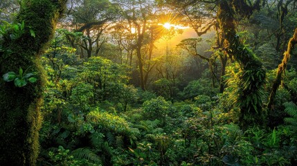 Fototapeta premium Sun rays through lush rainforest canopy.