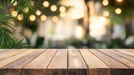 Artisancrafted wooden table surrounded by blurred fairy lights, cozy and inviting atmosphere
