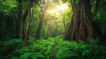 Fototapeta premium Lush jungle path with sunlight filtering through canopy.