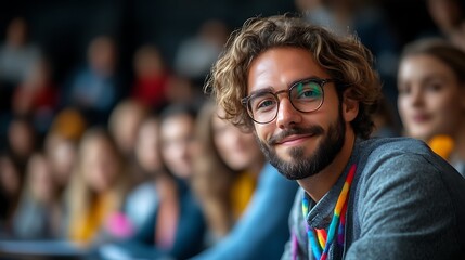 Smiling young man in glasses at conference.