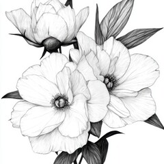 Elegant Monochrome Peony Flowers  Botanical Line Art  Floral Drawing  Hand Drawn  Black an
