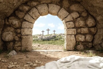 Fototapeta premium Empty tomb with stone entrance and three crosses under blue sky