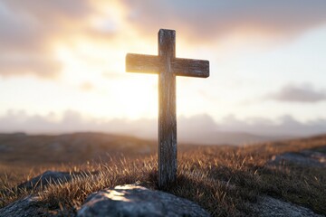 Wooden cross is standing on a rocky hillside, with the sun shining on it