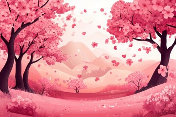 Pink cherry blossom trees, hills, petals fall. Perfect for Valentine's, spring themes, romantic designs.