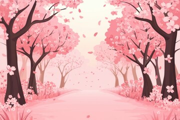 Pink cherry blossom trees line a path. Perfect for spring themes, cards, or blogs.