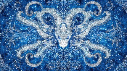 An intricate blue and silver illustration featuring a serpent-like creature with tentacles.