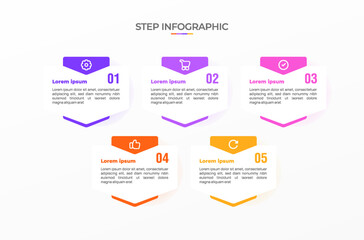 Infographic template. 5 Step timeline journey, Flat simple infographics design template. Presentation graph. Business concept with icon 5 options or steps. Background vector illustration.